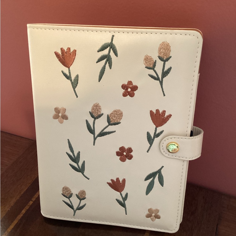 Floral Embroidered Cream Notebook with Snap Closure